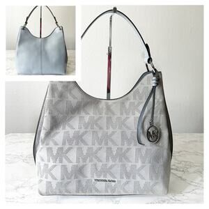 Michael Kors Joan Hobo Bag Logo Perforated Gray Suede & Blue Leather